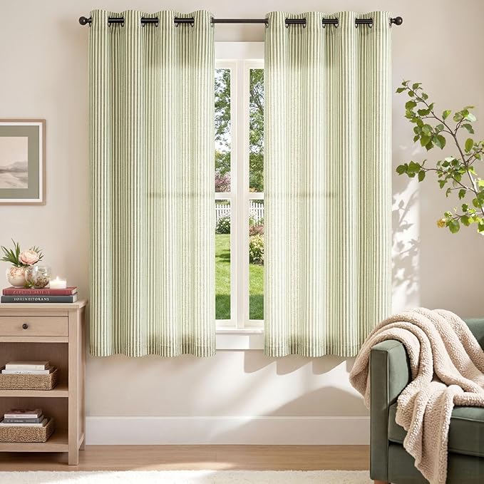 jinchan Linen Curtains for Living Room Sage Green on Beige Striped Curtains for Bedroom Ticking Stripe Pattern Light Filtering Farmhouse Cottage Core Rustic grommet Window Treatment 2 Panels 63 inches