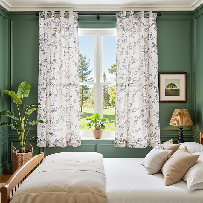 jinchan Blue Floral Linen Curtains 63 Inch Country Drapes Back Tab 2 Panels | Blue on beige, light filtering, farmhouse, rustic, flower, living room, bedroom, laundry, window treatment, home decor