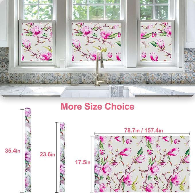 Window Privacy Film Stain Glass Window Film Rainbow Window Film Window clings Non-Adhesive Reusable Decorative for Room (Frosted Magnolia, 35.4 X 78.7 in)