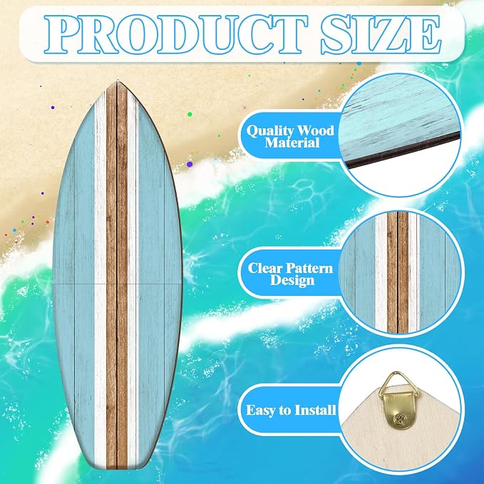 Yookeer 3 Pcs Surfboard Wall Decor,36" x 12" Large Wooden Coastal Beach Wall Decor Set, Aesthetic Cute Beachy Tropical Surf Board Art for Room Bedroom Decoration(Blue,Classic)