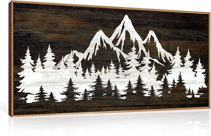 LHIUEM Large Mountain Tree Framed Canvas Wall Art,Modern White Forest Art Prints,Abstract Country Woodcut Wood Wall Decor,Farmhouse Zen Artwork for Living Room Bedroom Office-20''x40''