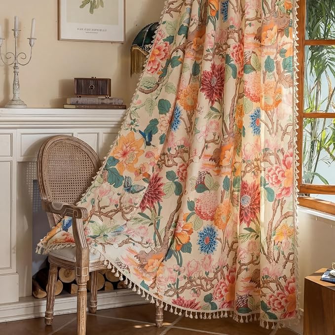 OYX Boho Floral Curtains 84 Inch, Linen Farmhouse Flower Drapes with Lace & Tassels, Light Filtering Semi Sheer Curtains for Living Room Bedroom, 2 Panels