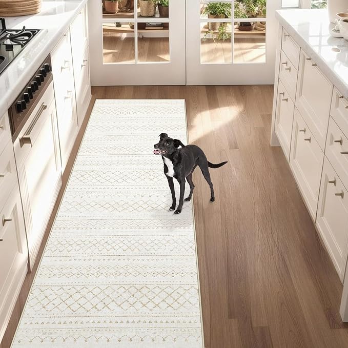 Runner Rug 2x7 Boho Geometric Area Rugs: Washable Kitchen Rug, Soft Non Slip Moroccan Long Hallway Rugs for Bedroom Bathroom Laundry Entryway Staircase Foyer(Beige,2X7)