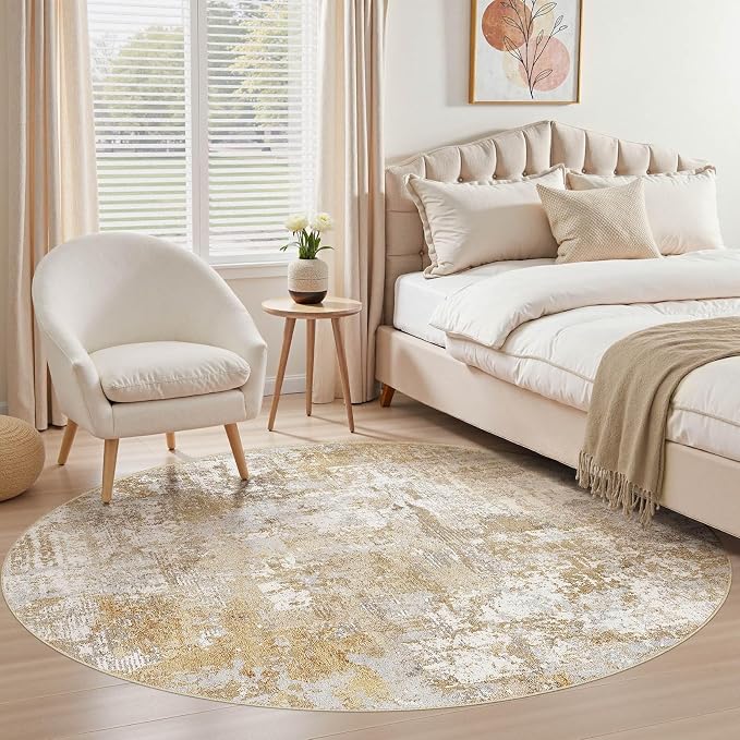 Tortania Washable 6' Round Area Rug for Living Room: Modern Abstract Neutral Large So' Thin Rugs - Non Slip Indoor Carpet for Bedroom Dining Room Office Nursery Home Floor Decoration - Brown Grey