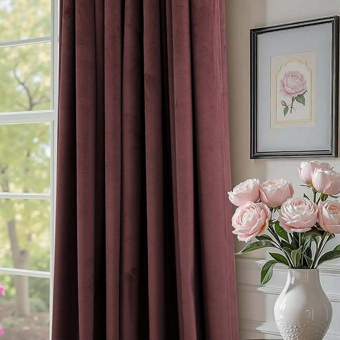 Room Darkening Luxurious Velvet Curtains Ruby Wine 108 Inches Long 2 Panel Noise Absorbing Thermal Insulating Drapes Feminine Curtains for Bedroom Holiday Party Backdrops Media Movie Theater Film Room