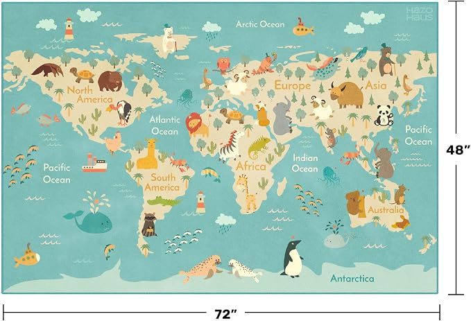 Washable 4x6 Kids Rug for Playroom – Educational Large Area Rug for Children, Toddlers, Non Slip Backing & Soft - Cute Animal, Featuring Continents World Map Carpet for Bedroom or Reading Corner