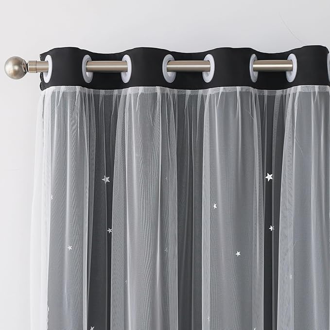 Black Blackout Curtains & Drapes 108 Inches Extra Long Sliding Glass Door | Cute Star Cutouts Double Layer Curtains White Sheer 2 Panels Girls Nursery Divider Room Darkening Window Treatments Cortinas