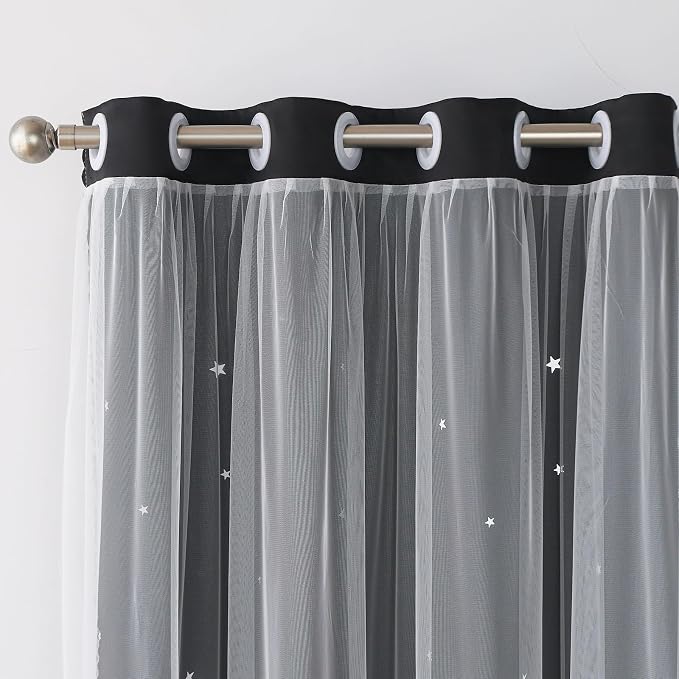 Black Blackout Curtains & Drapes 102 Inches Extra Long Sliding Glass Door | Cute Star Cutouts Double Layer Curtains White Sheer 2 Panels Girls Nursery Divider Room Darkening Window Treatments Cortinas
