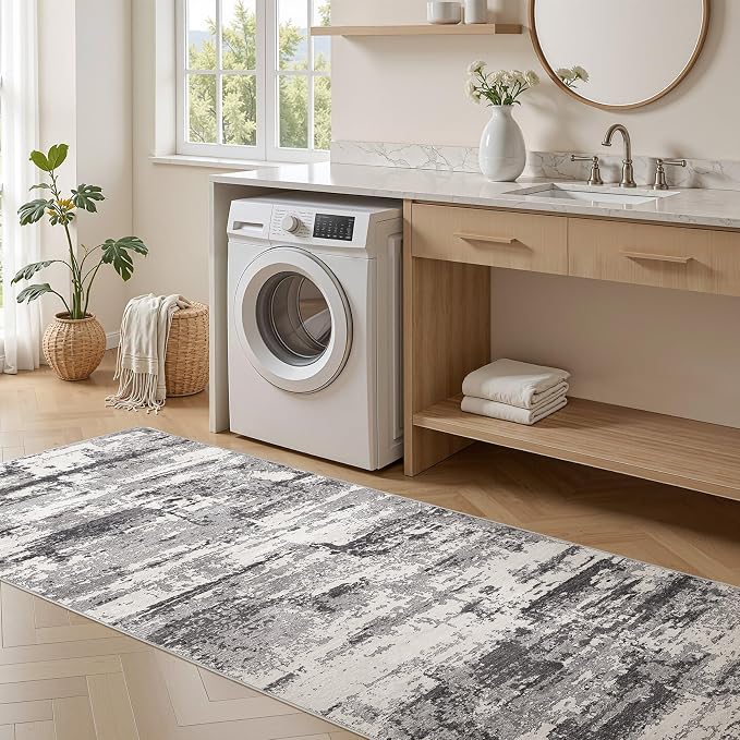 Area Rugs for Living Room: Abstract Washable Rug Modern Neutral Large Soft Stain Resistant Non-Slip Backing Machine Table for Bedroom Dining Room Indoor Home Office Carpet - 3x14 Black Grey