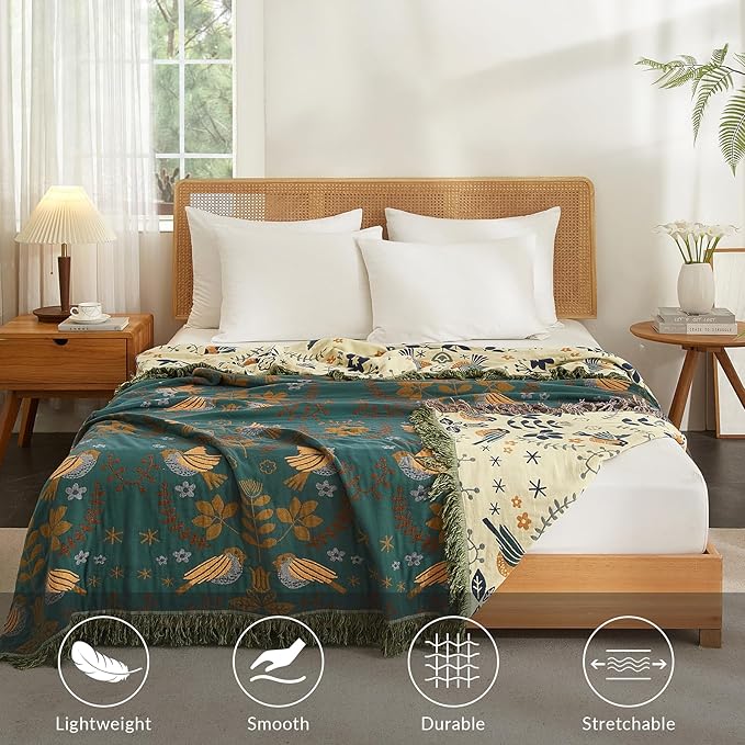 Bailix Boho Throw Blanket for Couch Sofa Bed, 100% Cotton Woven Quilt with Tassel 60”x80”, Super Soft Muslin Blanket with Bird Printed, Decorative Reversible Bed Blanket/Cover for All Seasons