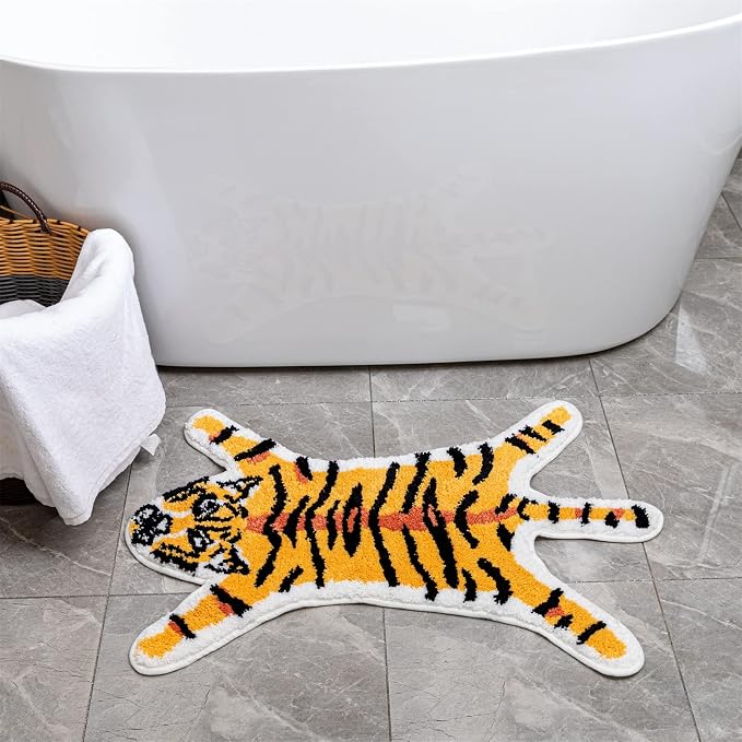 Tiger Print Rug, Animal Printed Small Area Rugs Faux Cowhide Skin Leather Nonslip Personalized Bath Rug Cartoon Carpet Bedroom Office Livingroom Floor Mat 32.2inx21.4in Yellow
