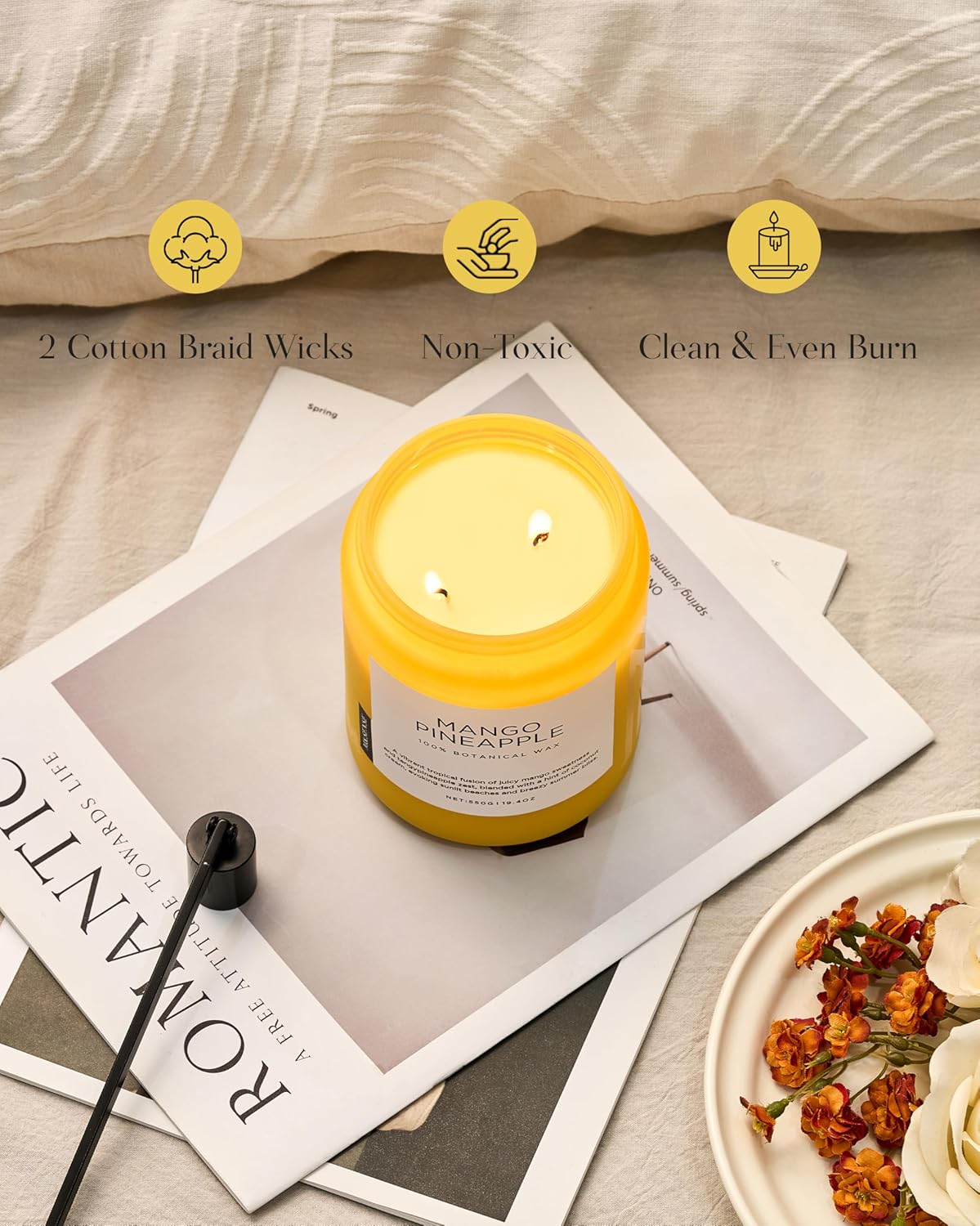 M&SENSE Mango Pineapple Scented Candle, 19.4oz Non Toxic Natural Soy Wax 110 Hours Long Lasting Burn Fruit Scent Summer Gifts for Housewarming, 2 Wick Aromatherapy Candle for Women Men Family Friends