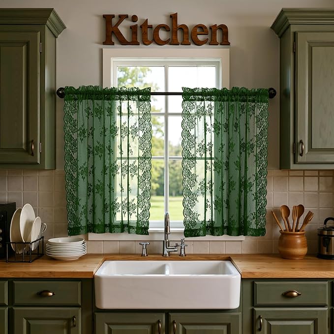Kotile Dark Green Sheer Curtains 45 Inch Length 2 Panels Set Rustic Floral Froest Hunter Green Short Lace Curtains for Small Windows, Rod Pocket Privacy Sheer Lace Café Curtains, Each 42 x 45 Inch