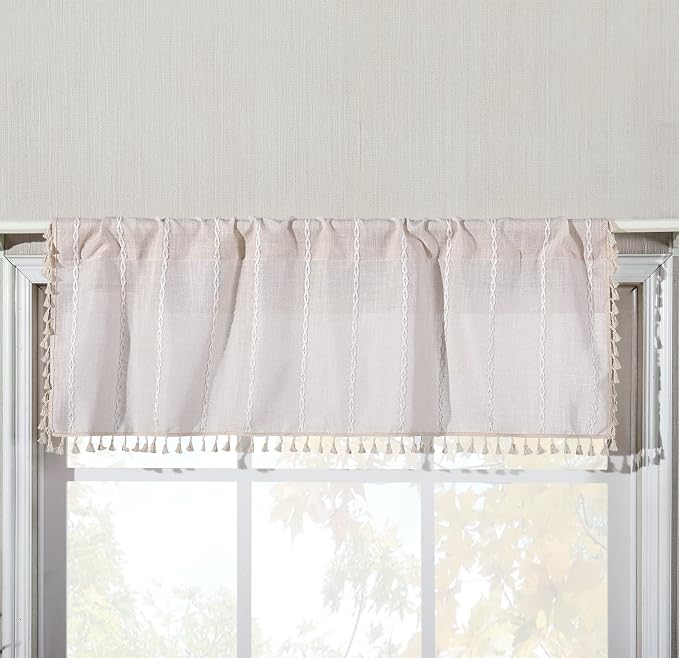 RoomTalks Boho Kitchen Valances for Windows Embroidered French Striped Farmhouse Vintage Chic Textured Tassel Curtain Valances for Bathroom Living Room Bohemian Decor (18’’L x 52’’W, Beige)