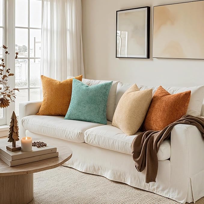 MIULEE Pack of 4 Orange/Teal Couch Throw Pillow Covers 20x20 Inch Yellow Green Soft Decorative Chenille Pillows Farmhouse Accent Cushions for Boho Fall Home Decor Sofa Bedroom Living Room