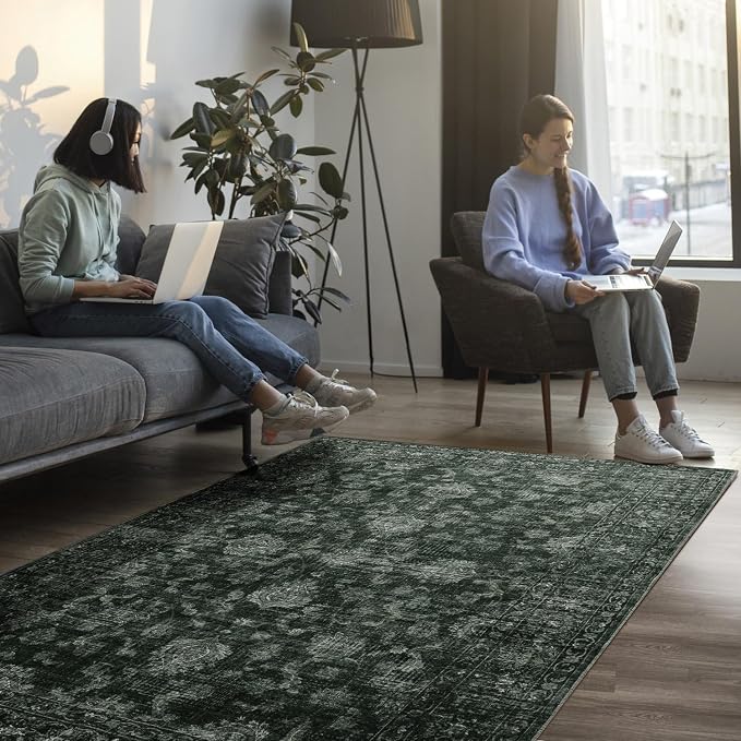 FROZZUR Boho Green Area Rug 5x7 Large Vintage Rug for Living Room Bedroom Dining Table, Non Slip Distressed Washable Rugs for Home Office Christmas Decor Green