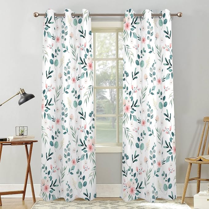 Renaiss Leaf Curtains Green Leaves Print Blackout Window Curtains for Bedroom Botanical Plants Grommet Top Room Darkening Window Drapes for Living Room 53W x 96L Inch Two Panel Set
