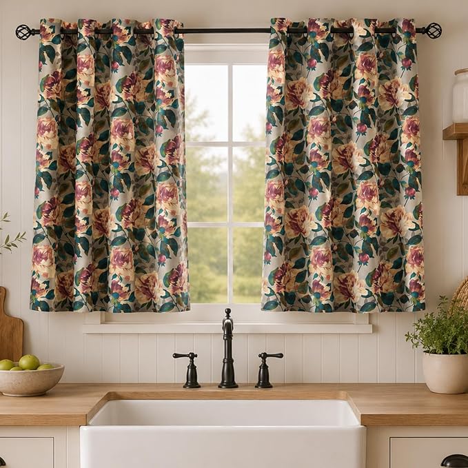 ALIGOGO Floral Kitchen Curtains 54 Inch Length, Cottage Semi-Blackout Flower Curtains for Small Window, Light Filering Grommet Floral Drapes 2 Panels, 50W x 54L Inch, Taupe