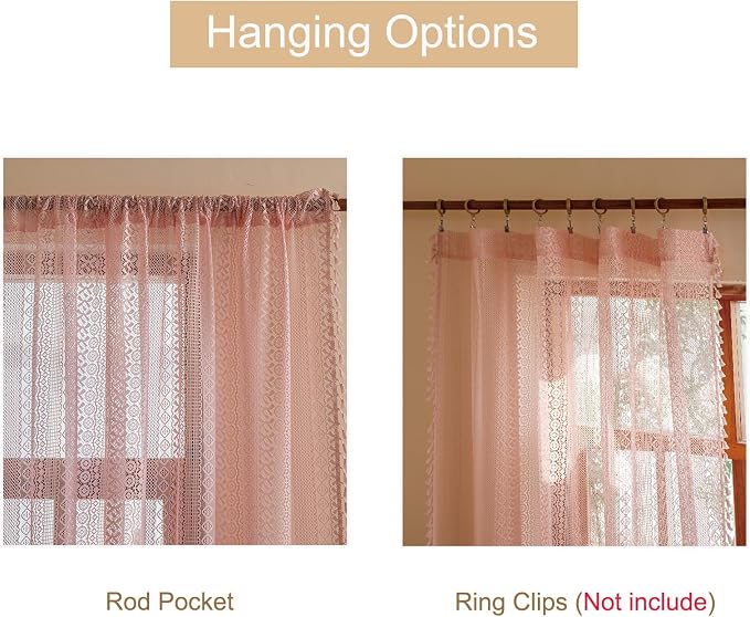 Sutuo Home Boho Sheer Curtains 96 inches Long for Living Room Dining Room, Lace Curtains Farmhouse Crochet Vintage Chic Princess Drapes Tassels Valentine's Decor Rod Pocket, 2 Panels 50" W,Light Pink