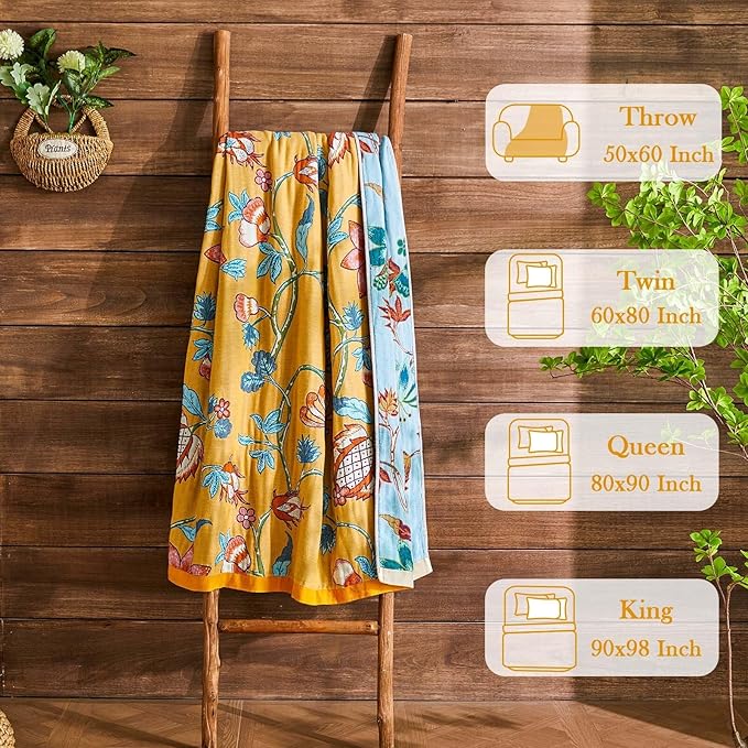 Boho Blanket Soft Muslin Boho Throw Blanket 100% Cotton Blanket All Seasons Reversible Rustic Floral Printed Vintage Rustic Farmhouse Decor Throw for Sofa Couch Chair (Yellow, 60"x80")