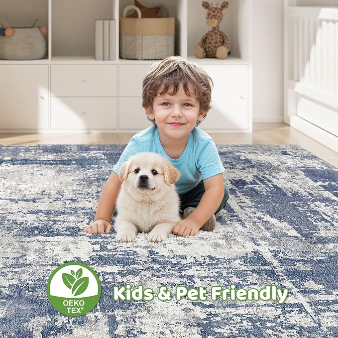 6x8 Area Rug Living Room: Washable Large Abstract Modern Soft Rug Stain Resistant Indoor Floor Non Slip Accent Carpet for Bedroom Nursery Playroom Dining Room Office Dorm Home House- Navy Grey