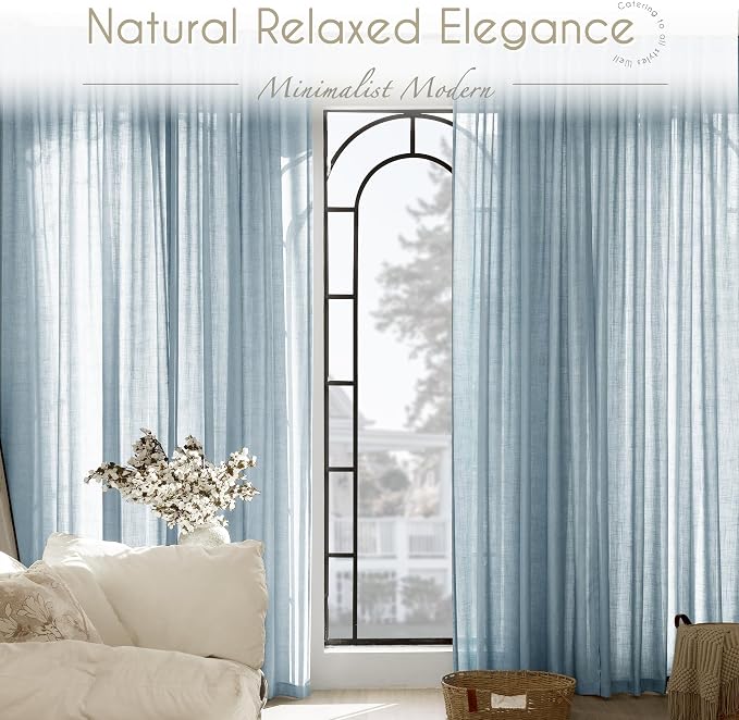 Dusty Blue Linen Curtains for Living Room Back Tab Light Filtering Semi Sheer Light Blue Bedroom Curtain Linen Cotton Textured Grey Blue Drapery Panel Airy Modern Farmhouse Aesthetic Decor 52x120 Long