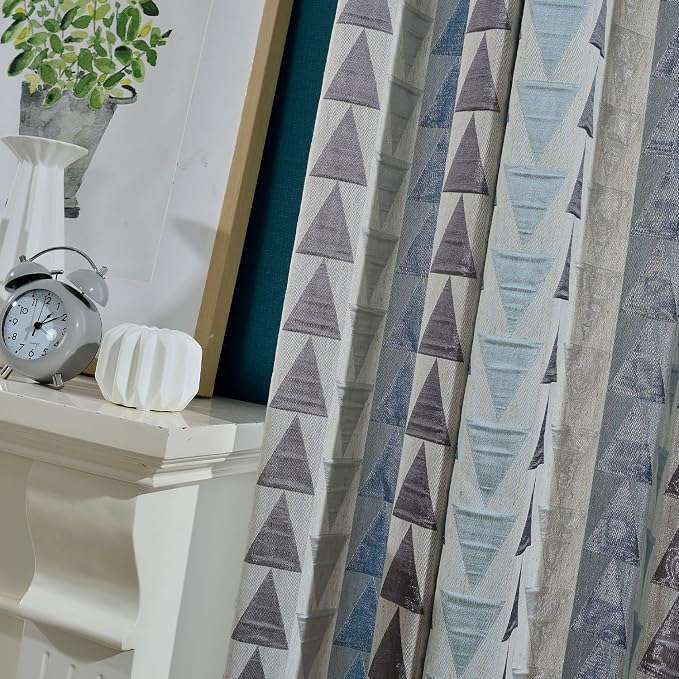 Leeva Modern Jacquard Curtains 52x63 Inch - Geometric Triangle Pattern, Light Filtering Drapes with Metal Grommet Top, Set of 2 Panels for Bedroom Living Room, Blue