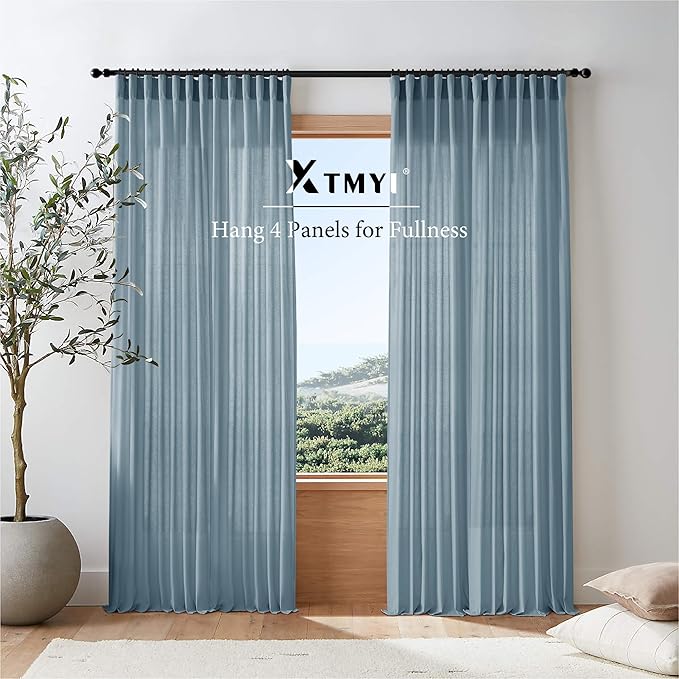 XTMYI Stone Blue Curtains 90 Inches Long for Living Room,Light Filtering Country Vintage Hooks Pleated Back Tab Semi Sheer Linen Curtains for Bedroom 2 Panels Set,Dusty Blue