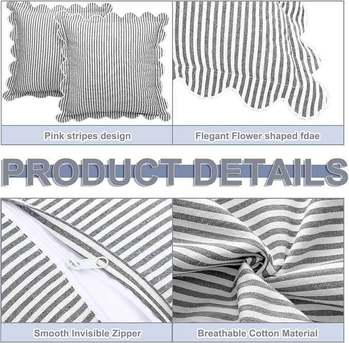 Newwiee 2 Pack Scalloped Pillow Cover 18 x 18 Inch Black Stripe Throw Pillow Cover Cotton Decorative Pillowcase for Women Men Couch Living Room Cushion Indoor Outdoor Decoration