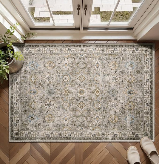 Tangsoo 2x3 Small Throw Rugs for Entryway Washable Entry Rug Non Slip,Vintage Beige Floral Indoor Rugs Distressed Grey Small Carpet Soft Low Pile Boho Gray Door Mat for Entrance Bedroom Kitchen Foyer
