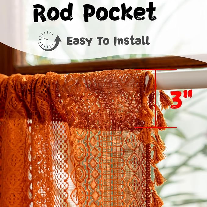 Sutuo Home Terracotta Boho Kitchen Curtains 54 inches Long, Burnt Orange Cottagecore Semi Sheer Privacy Crochet Vintage Tassels Bohemian Lace Window Curtains for Nursery Rod Pocket, 2 Panels 50" W