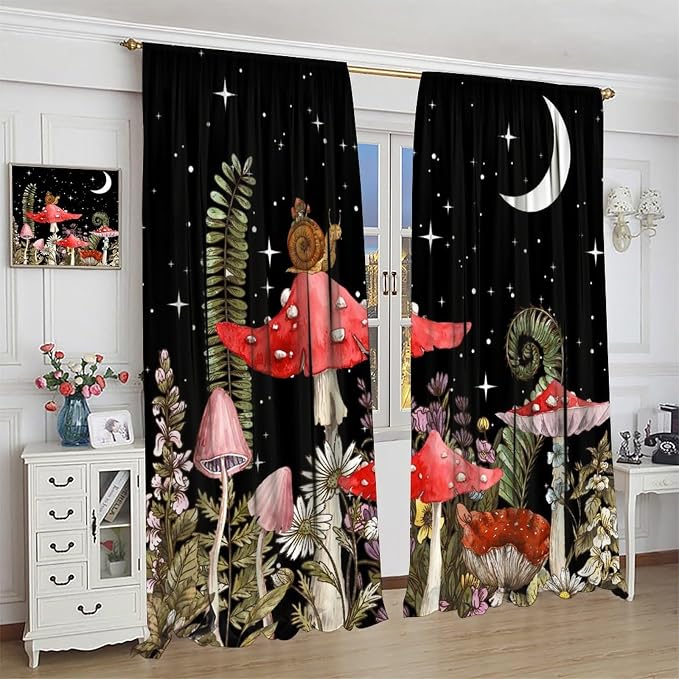 Retro Mushroom Curtains, Rustic Gothicwatercolor Red Pink Mushroom Boho Nature Ferns Botanical Wild Flowers Blackout Window Curtains for Farm Kitchen Bedroom, 42" W X 45" L