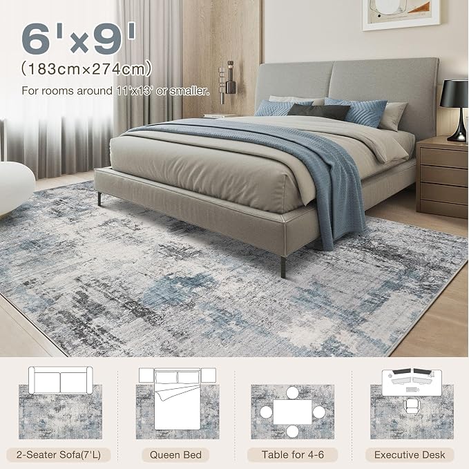 Abstract 6x9 Area Rug: Machine Washable Non Slip Ultra Thin Low-Pile Carpet, Soft Stain Resistant for Living Room Bedroom Nursery, Kid Pet Friendly, Robot Vacuum Compatible - Grey Blue