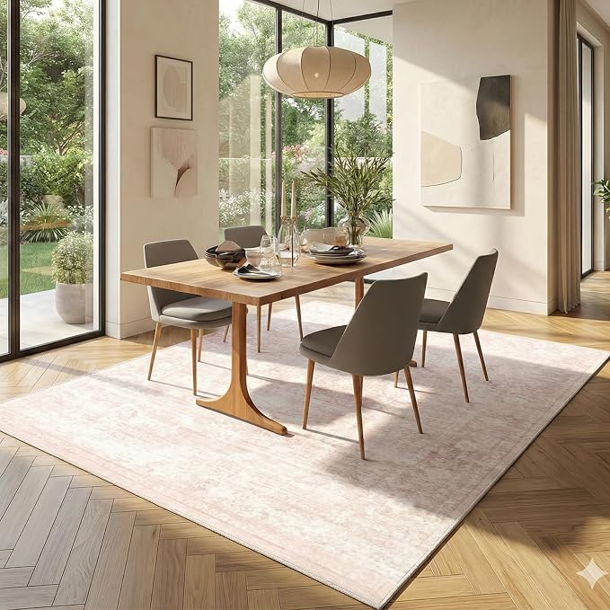 Homemate Washable Rug 5x7 Area Rugs - Vintage Faux Wool Rugs for Living Room Bedroom Dining Room - Non Slip Foldable Carpet Indoor Area Rug for Home Decor（5'x7', Pink