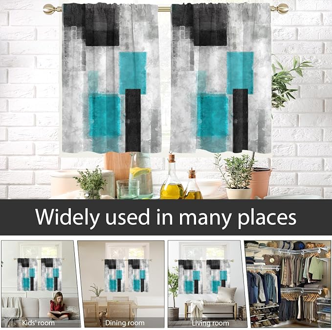 AAtter Teal Black and Grey Window Curtains for Kitchen Turquoise Aqua Gray Silver White Art Small Short Home Living Room Bedroom Bathroom Drapes Treatment Tiers Fabric 1 Pair, 27.5" W x 39" L, Modern