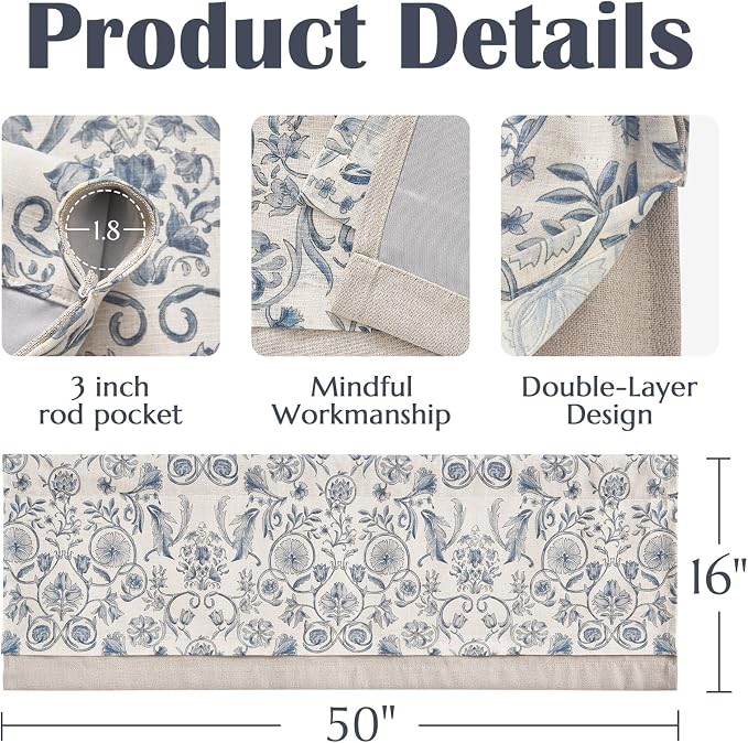 jinchan Linen Valance Kitchen Curtain for Windows Double Layer 16 Inch for Living Room Bedroom Window Treatment Light Filtering Vintage Rustic Farmhouse Cottagecore Rod Pocket 1 Panel Blue on Beige