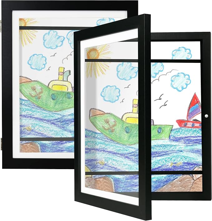 iRahmen Kids Art Frames 9x12 Set of 2 - Front Opening Childrens Picture Frame Changeable, Wood Artwork Display Storage for Wall Mount, Magnetic Door Holds 50 Art Pieces for Drawings, 3D Picture, Crafts, Portfolio, Black