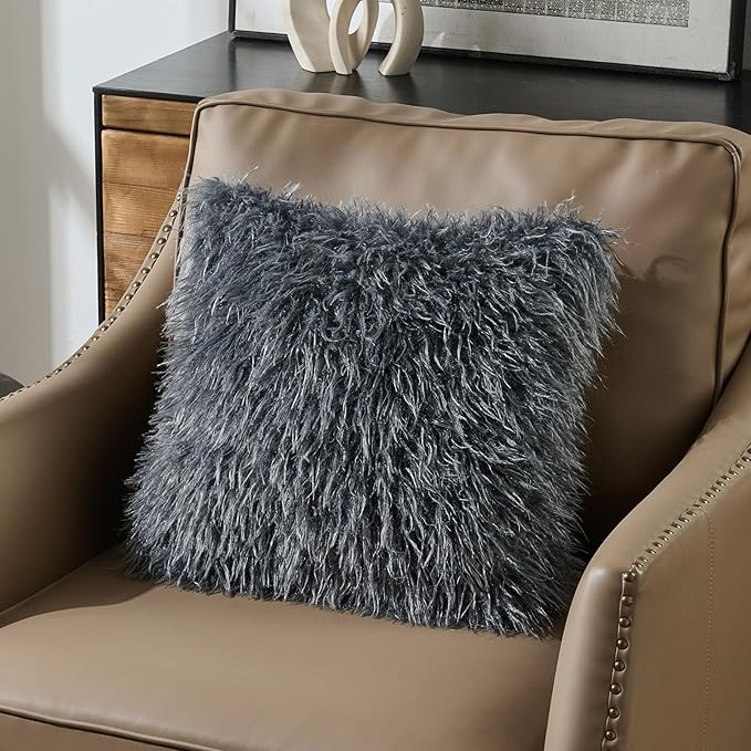 FUTEI Pack of 2 Shaggy Mongolian Faux Wool Throw Pillow Covers 18x18 Inch Soft Fluffy Farmhouse Decorative Cushion Case for Couch Bed Living Room, Dark Grey