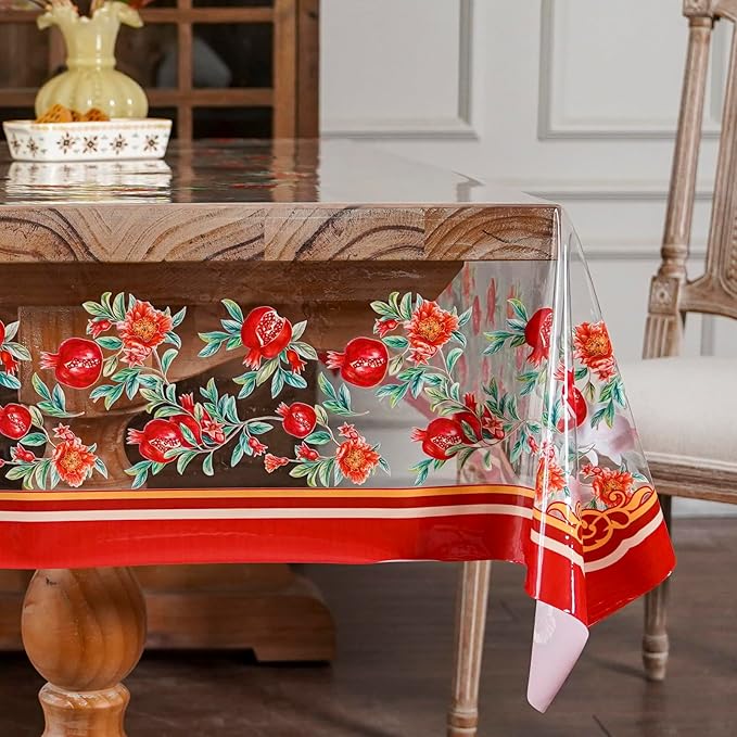 ARTABLE Clear Table Cloth Protector Vinyl PVC Rectangle with Floral Print Pattern Oil Proof Wipe-able Plastic Tablecloths for Dining Tables Parties Holidays (Pomegranate, 84" x 60" (Rectangular))