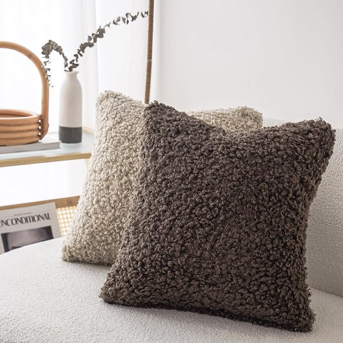 Foindtower 2 Pieces Teddy Faux Fur Throw Pillow Cover Decorative Sherpa Pillow Fuzzy Accent Pillowcases Soft Sheepskin Fleece Cushion Case for Bed Couch Living Room 18x18 Inch Chocolate