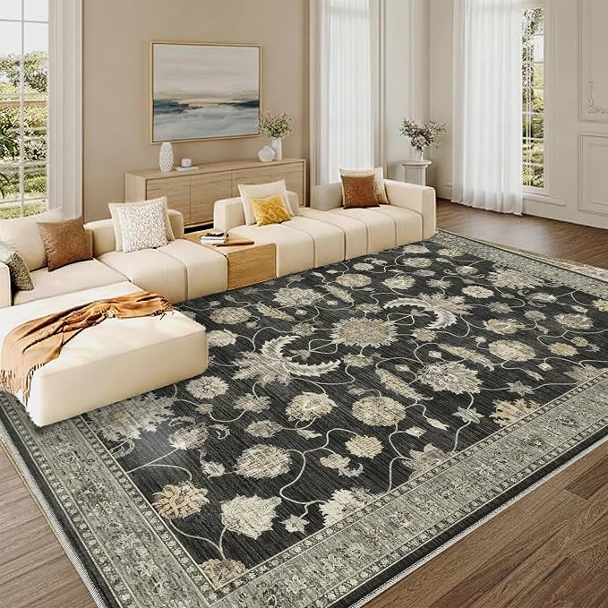 5x7 Area Rug for Living Room-Vintage Farmhouse Boho Floral Washable Stain Resistant Indoor Carpet for Bedroom Office and Home Decor(Black&Gold)