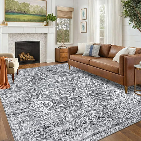KUTA Living Room Rug 6x9 Grey Blue White, Vintage Washable Large Area Rugs 6ft x 9ft, Non-Slip Boho Printed Dining Room Carpet, Indoor Low-Pile Cozy Room Throw for Office Bedroom
