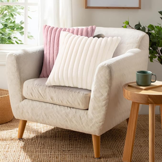 Pallene Faux Fur Plush Fall Throw Pillow Covers 22x22 Set of 2, Luxury Soft Fluffy Striped Decorative Pillow Covers for Sofa, Couch, Living Room, Cream White