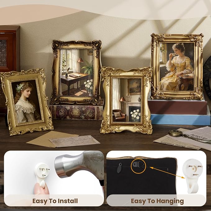 8 Pcs Vintage Picture Frames Set for Gallery Wall, Gold Bronze Ornate Antique Resin Photo Frame Collage Including Round, Oval, Rectangle Shapes in 10x12, 10x10, 5x7 & 4x6 for Wall and Tabletop Display