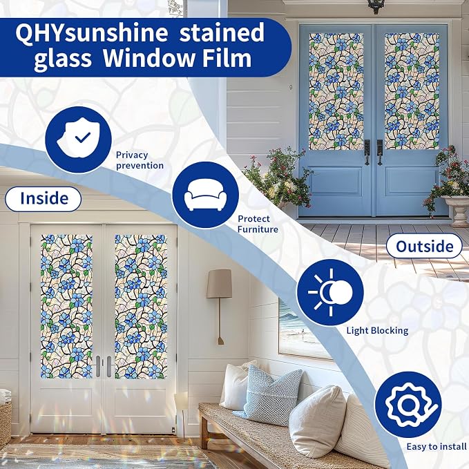 QHY Sunshine Privacy Window Film with Installation Tool Decorative Stained Glass Window Stickers Reusable Window Film (Indigo Rainbow, 17.5 x157.4)