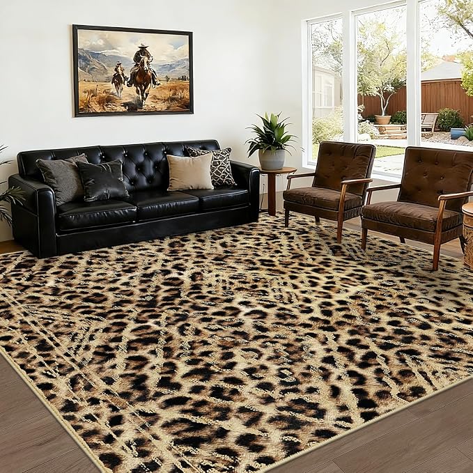 BESTSWEETIE Area Rug 6x9 Rug Machine Washable Non-Slip Low Pile Print Pattern Western Rug for Living Room Bedroom Entryway Tribal Series-Dark/Leopard