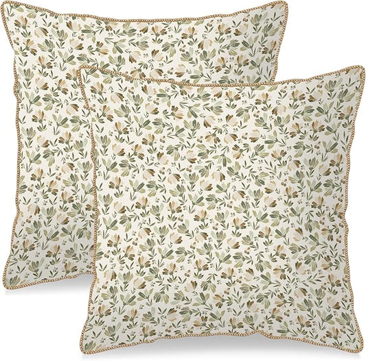 KSLIDS Sage Green Beige Floral Soft Velvet Throw Pillow Covers Set of 2 Vintage Brown Flower Decorative Pillow Covers 20x20 Inch Rustic Pillow Case for Sofa Couch Bedroom Farmhouse Home Decor