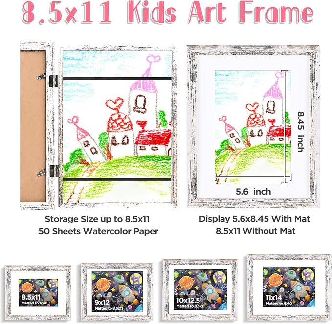 KINLINK 8.5x11 Kids Art Frame 2 Pack, Solid Wood Artwork Frames Changeable, Front Opening Hold 150 Pictures, Art Frames for Kids Artwork, 6x9 with Mat 8.5x11 without Mat, Picture Frames Rustic White