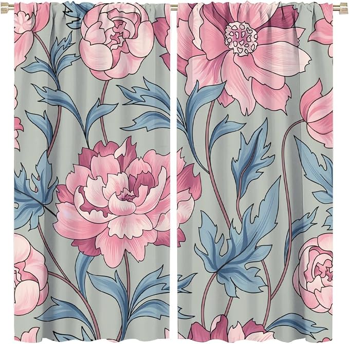 Floral Blackout Window Curtain, Flourish Ornamental Blossom Rose Style Print for Home Kitchen Livingroom Coffee Room Curtains Drapes 2 Panels 63x63in