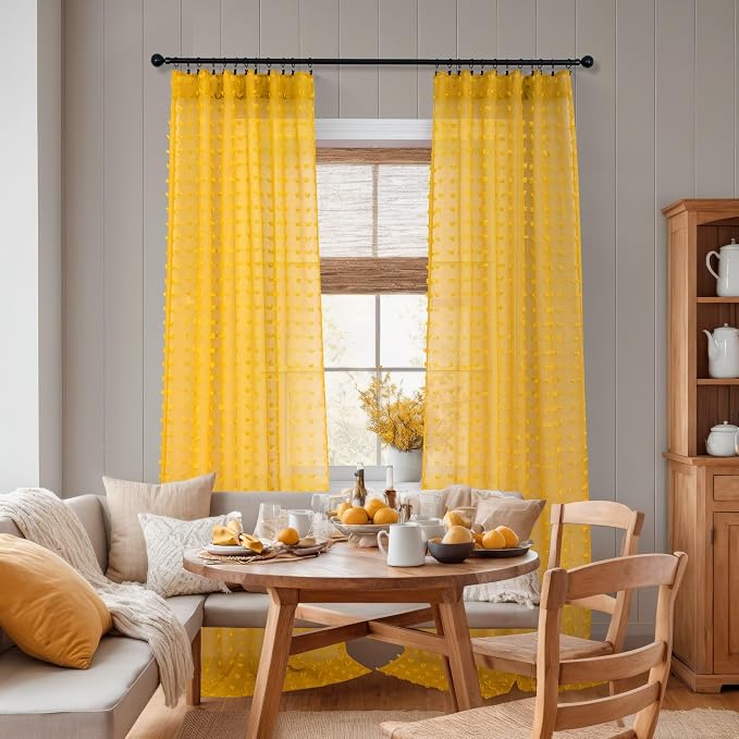 DANCURTON Pom Pom Mustard Yellow Sheer Curtains 63 Inch Length for Bedroom Decor Set of 2 Panels Semi Sheer Gold Yellow Drapes for Bay Window Kitchen Kids Nursery Girls Room Back Tab Rod Pocket 52x63